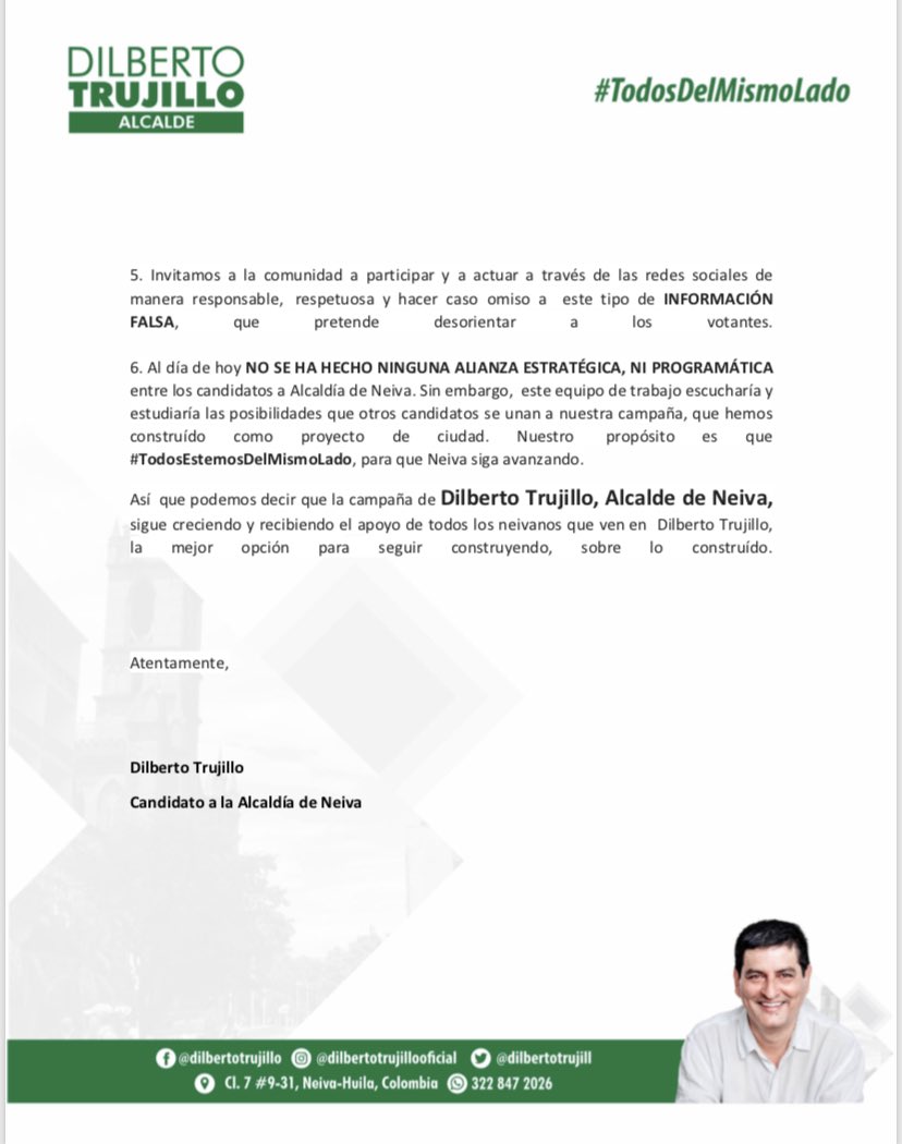 DilbertoTrujill's tweet photo. 🚨Atención Neiva 🚨                     
Están haciendo campaña política jugando con la mentira y el miedo de las personas ¡No se dejen engañar! Ayúdanos a compartir este mensaje 👍🏻 https://t.co/4LNrkWgDou