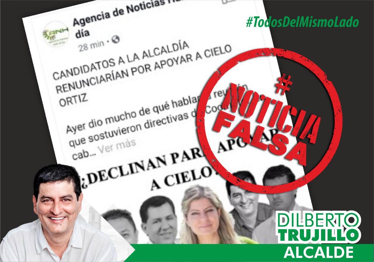 DilbertoTrujill's tweet photo. 🚨Atención Neiva 🚨                     
Están haciendo campaña política jugando con la mentira y el miedo de las personas ¡No se dejen engañar! Ayúdanos a compartir este mensaje 👍🏻 https://t.co/4LNrkWgDou