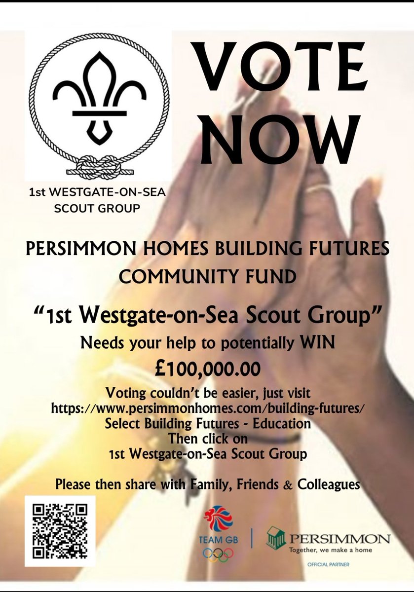 Don't for your daily vote and share for 1st Westgate-on-Sea Scout group in the <a href="/PersimmonHomes/">persimmonhomes</a> #buildingfutures fund
It's easy to vote and Share! 
persimmonhomes.com/building-futur…
@TimothyKidd @troubleforpeace 
@UKScouting #skills4life

Let's help change lives forever!
#voteshare