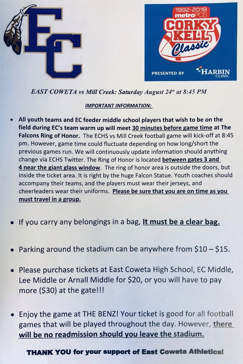 EC Indian Nation!! Folks are getting on the bandwagon. We will continue to sell tickets Saturday in the ECHS main cafeteria from 11:00am - 3:00pm!! Don’t be left out! Join us as we storm into The A-T-L!! MERCEDES-BENZ STADIUM!! #FootballTimeInSharpsburgSenoia