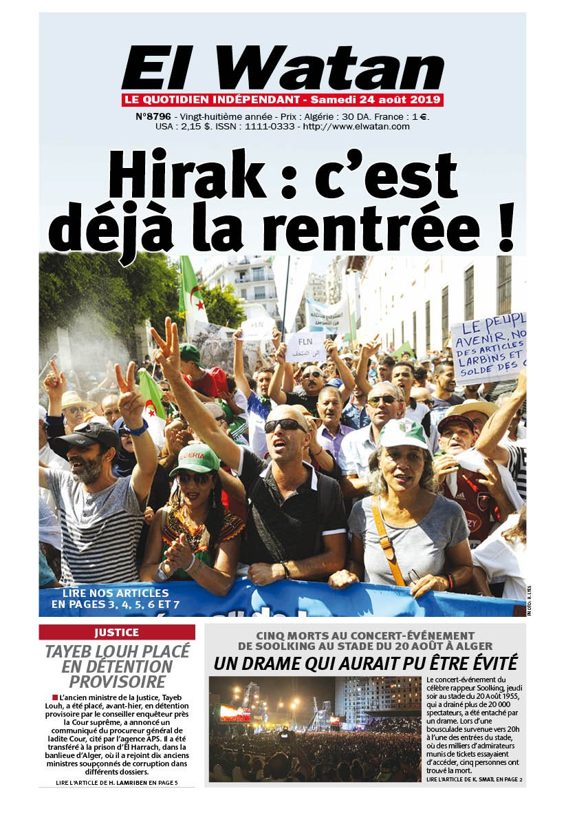 elwatandzcom's tweet photo. #Algérie La UNE du 24 août 2019 https://t.co/DqMakUlyxE