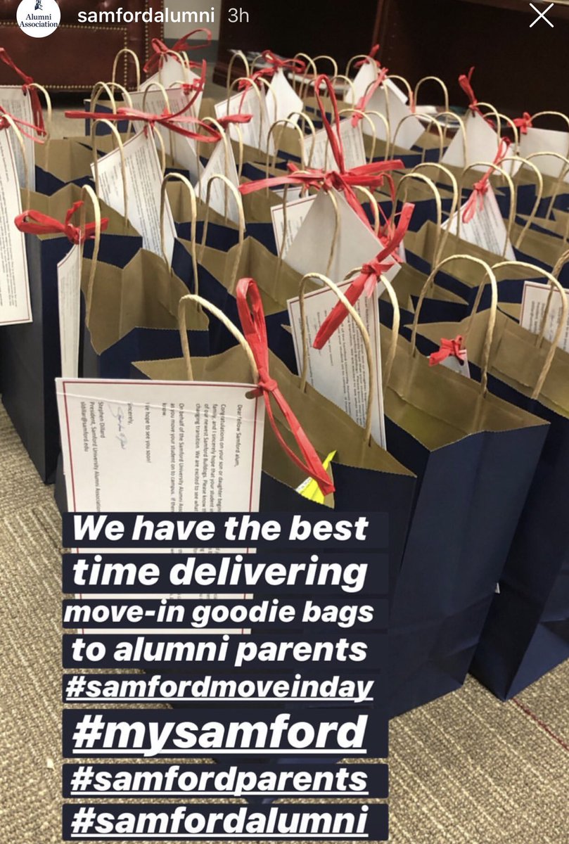 JudgeDillard's tweet photo. Congratulations to 65 of our @SamfordAlumni families, who moved their students on to campus today. We hope you enjoyed the care packages, as well as the time you spent back at our beloved alma mater. Krista and I hope to join your ranks as alumni parents soon. #ForeverSamford https://t.co/I8y9lRNd8M
