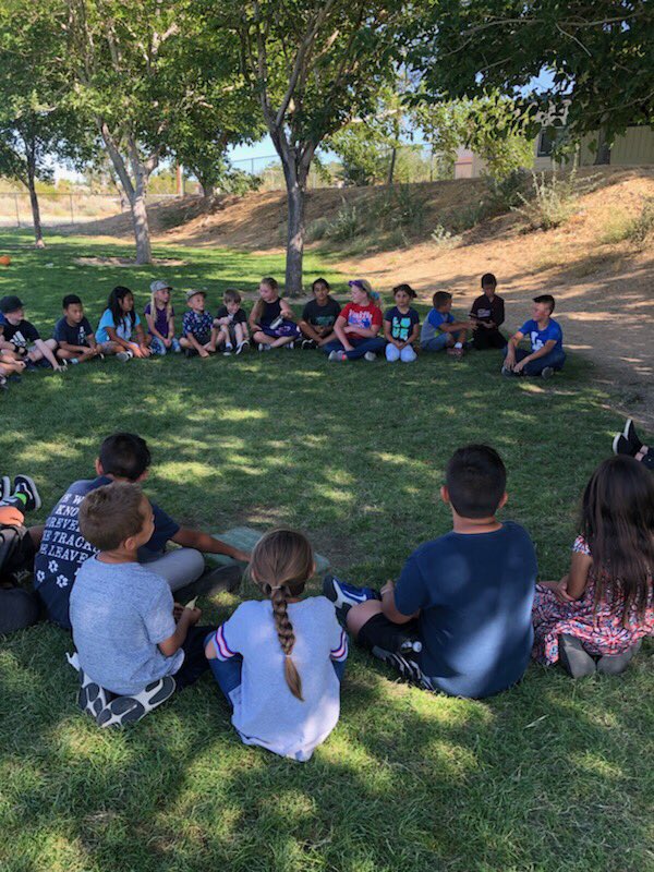 PinonHillsASES's tweet photo. Restorative circles in the shade of our trees! What a nice (and hot) day! #WeAreSnowline @AVIDCoyotes @snowlineASES https://t.co/i392tuAMwe