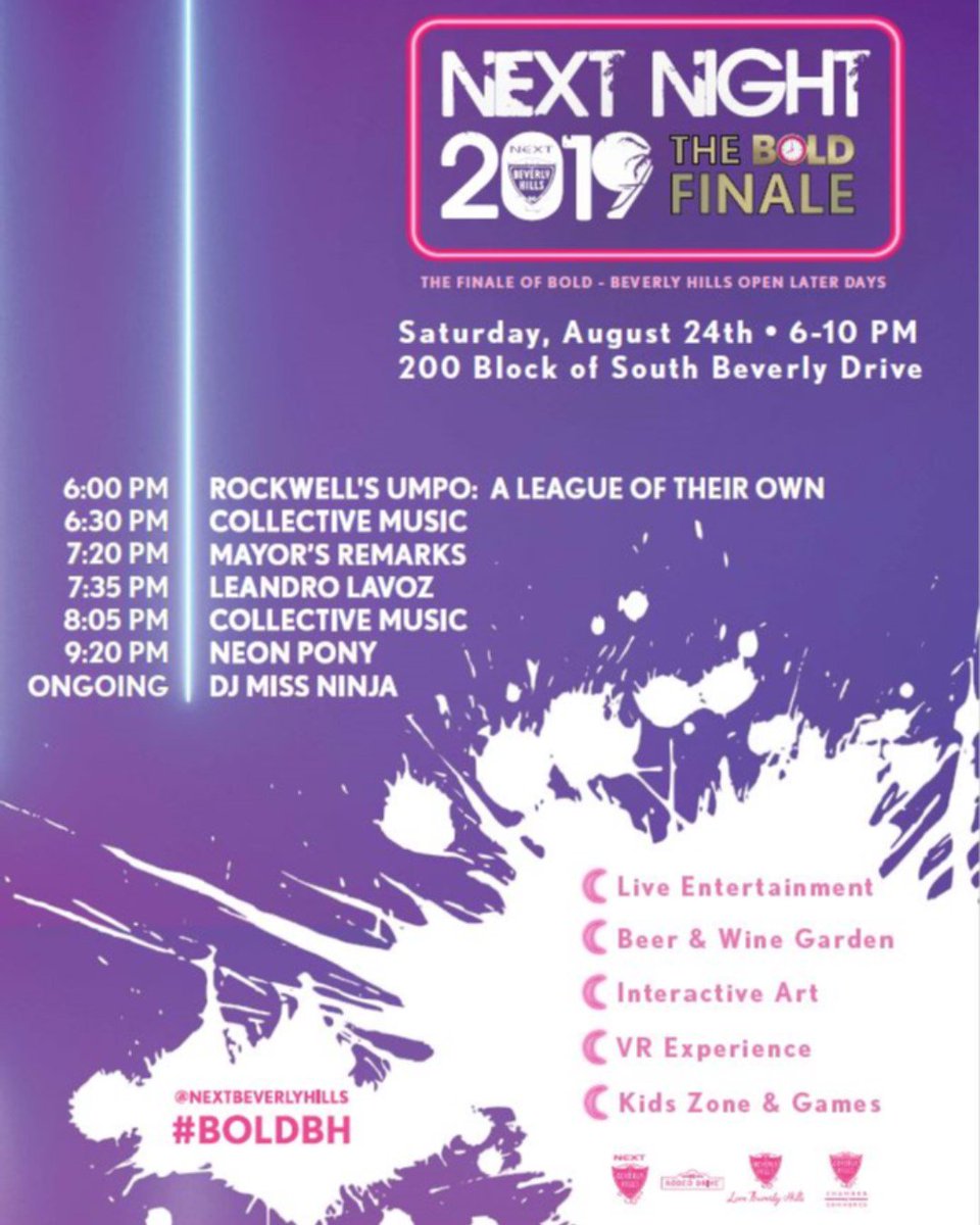 Tomorrow 8/24...Next Night 2019 - The BOLD Finale has an amazing lineup! It's a party you won't want to miss - join us on S. Beverly starting 6pm. Event parking available at 216 S. Beverly. #BOLDBH