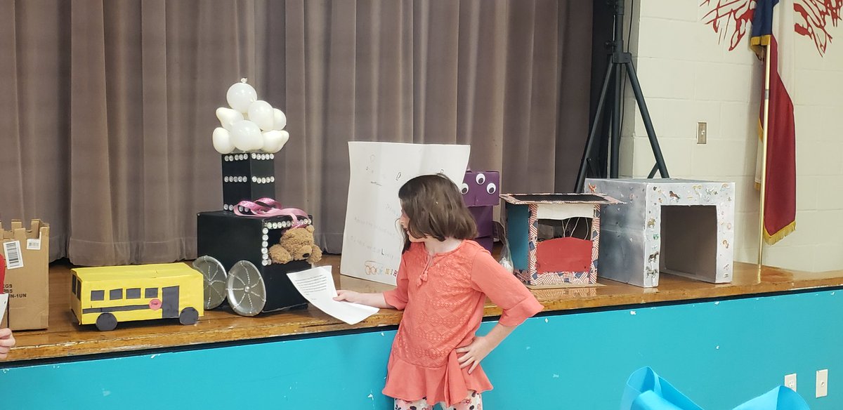MsBrock_Rocks's tweet photo. After reading the book "What to do With a Box", students were challenged to create something and bring it to school to present.  I have some amzing students! @PeachCreekElem @SplendoraISD https://t.co/e3sc7X88Nd