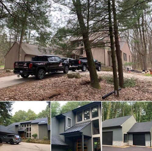 Check out this amazing before and after project! GAF Timberline HD Charcoal shingles and Black Standing Seam Steel. #gafmasterelite #exteriormakeover