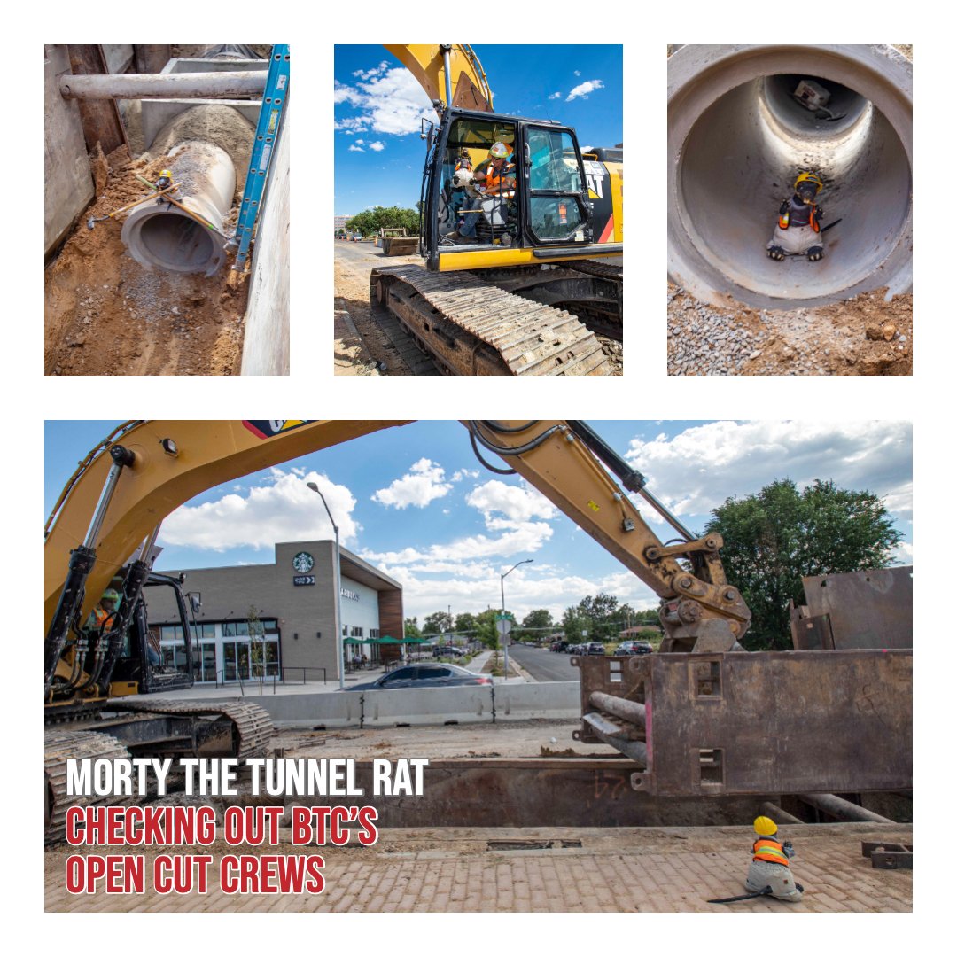 btrenchlessco's tweet photo. @TrenchlessMorty made a surprise visit to see @bt_construction! He wanted to check out the #OpenCut side of the Fitzsimons-Peoria Stormwater Outfall Project.Thanks #BTC for digging such a great tunnel shaft for the #MTBM machine I am operating! π #ThanksGuys #MortyAtWork https://t.co/Ih7JMVlQhG