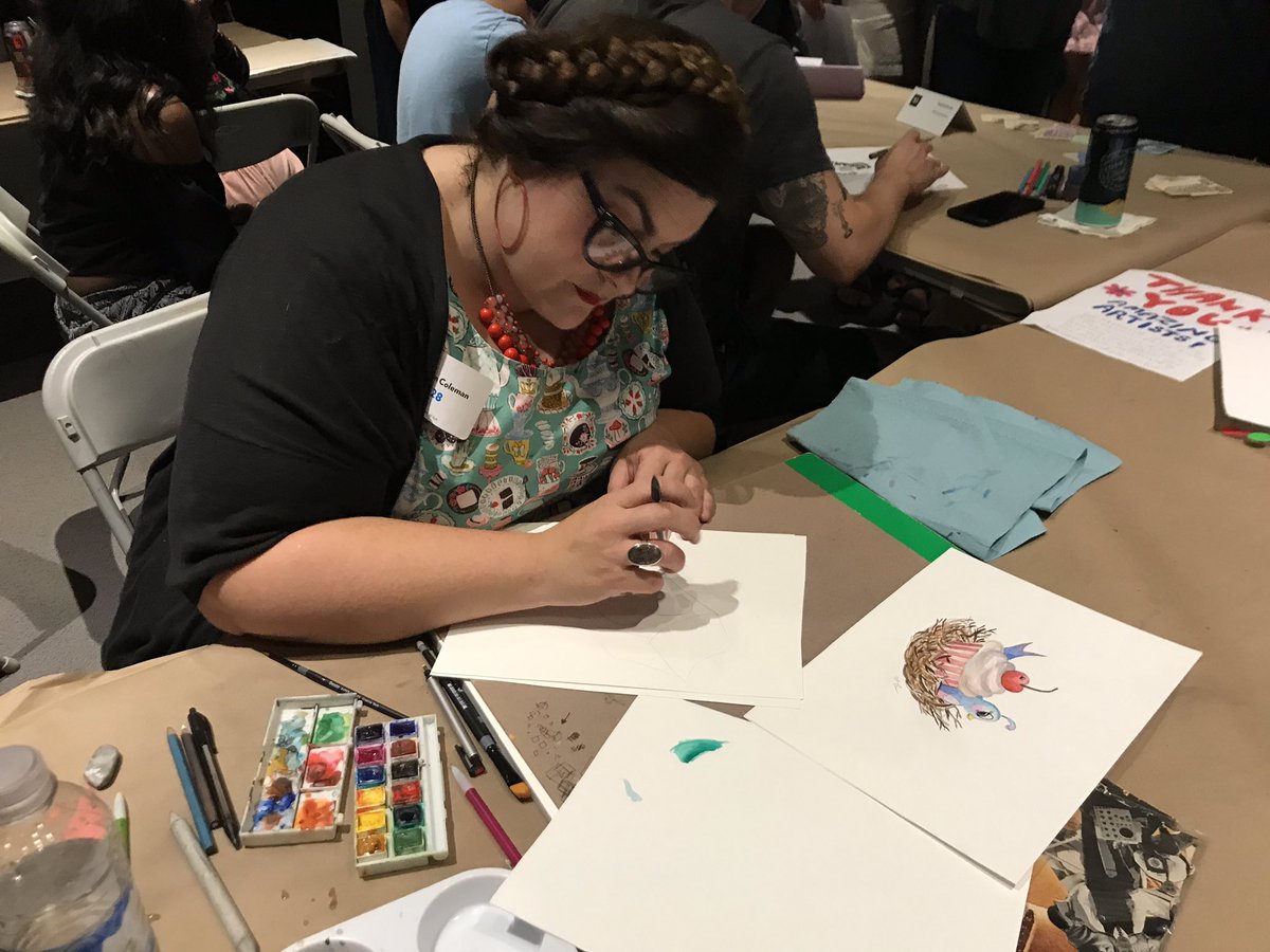 EmilyBallance's tweet photo. A fun night at watching talented artists at Monster Drawing Rally @sugarwaterstudio #NCMAmonster @ncartmuseum https://t.co/iNyrDzTDdc