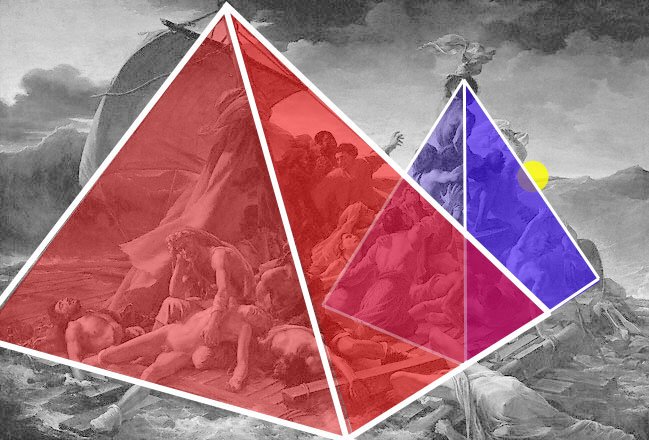 Hope/ Despair:When the Argus appeared on the horizon (yellow dot), they started to hope. The painting describes this exact moment. Yet it took a few hours for the Argus to get there and the survivors were torn between hope (blue pyramid) and despair (red pyramid). @BTS_twt