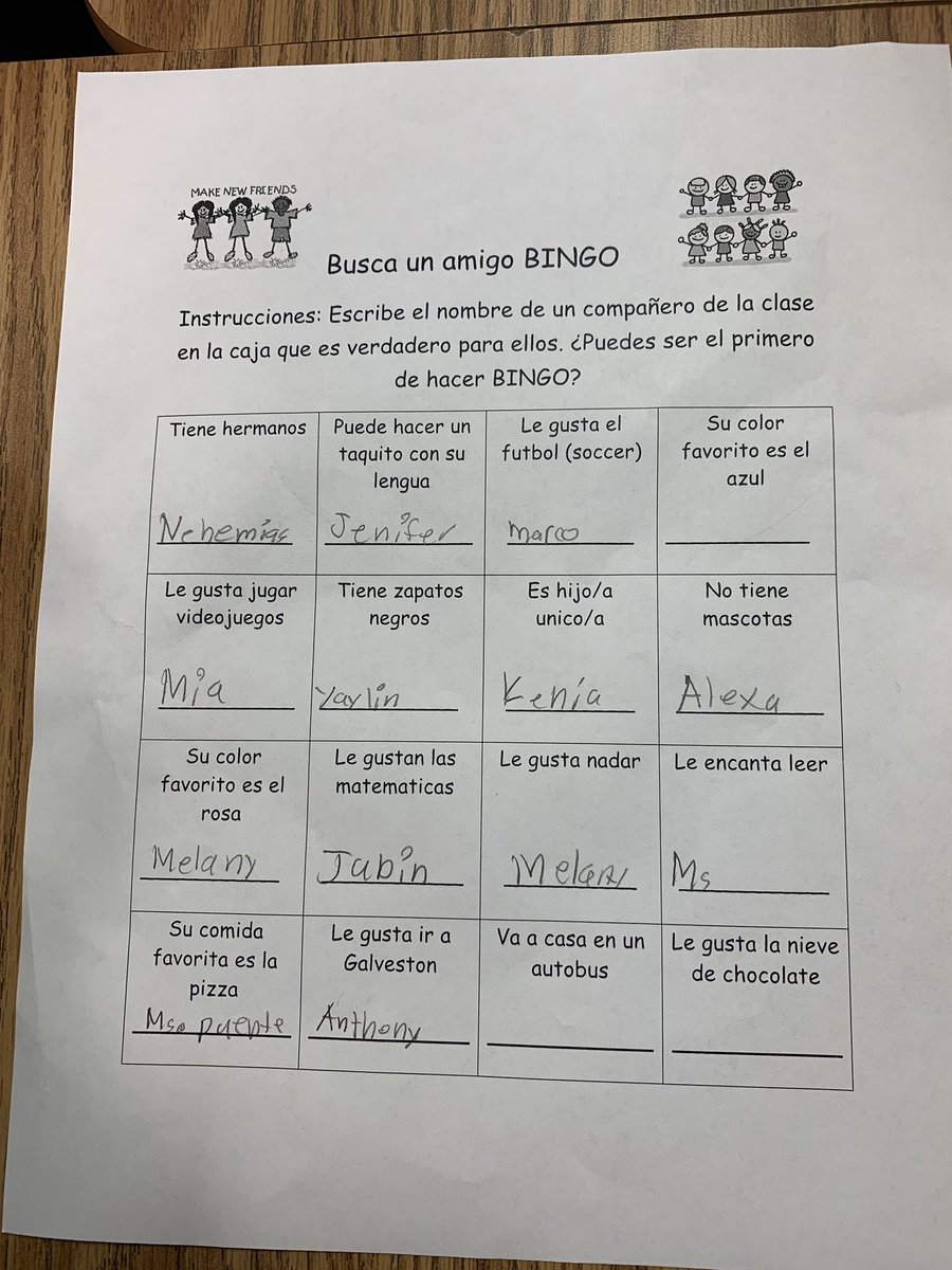 MsPuenteTeaches's tweet photo. Getting to know our classmates the first week of school with Find a friend BINGO!!! // Conociendo a nosotros compañeros la primera semana de clases jugando Busca un amigo BINGO!! 😊😊@SammonsBulldogs #WeAreAldine #SecondGradeSharp🌵 https://t.co/Yy3oSXLmlC