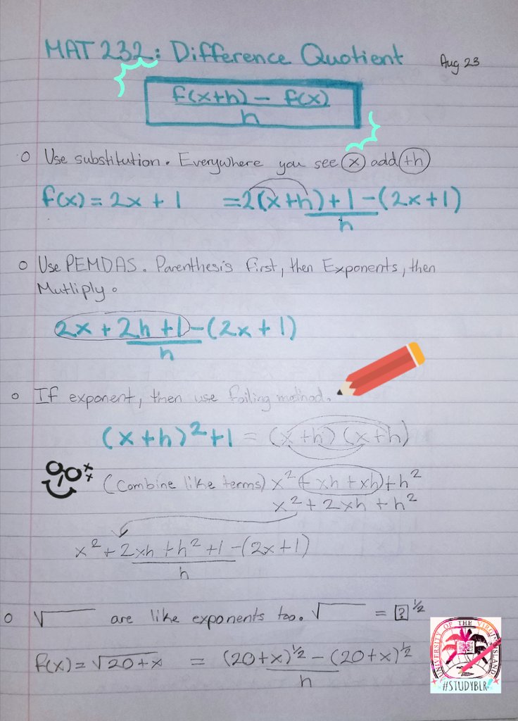 StudyblrUVI1's tweet photo. Think I passed my first calc. Quiz today!!! I mean, I've been studying, practicing and even taking #studygram notes! We covered Difference Quotients.

(I think I gotta try for better photos.) https://t.co/k7k8nomhHQ