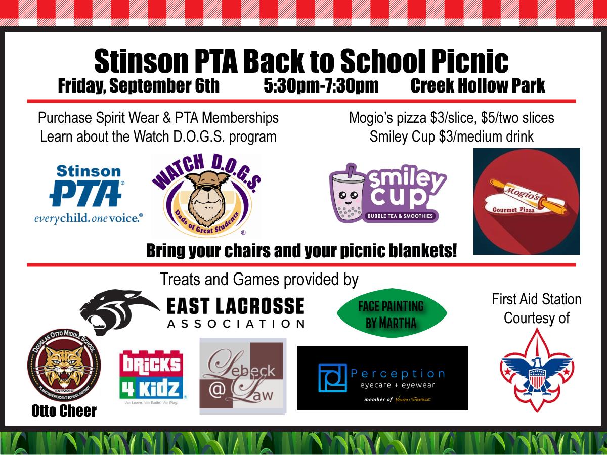 Friends, Family, Food, Fun and Stinson!  Come join us at our annual Back to School Picnic on Friday, September 6th, from 5:30pm-7:30pm. #StinsonStars
