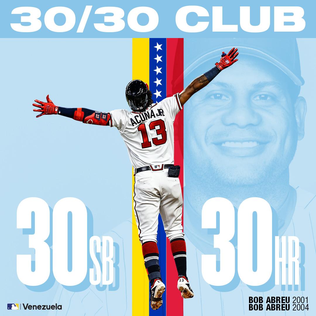 MLBVenezuela's tweet photo. ¡30/30! 🙌

Ronald Acuña Jr. estafa su base #30 de la temporada, y se une a Bob Abreu como los únicos venezolanos en batear 30 HR y robar 30 bases en una temporada en @LasMayores. 👏👏

#MLBVenezuela 🇻🇪 https://t.co/H4M6eSTWH8