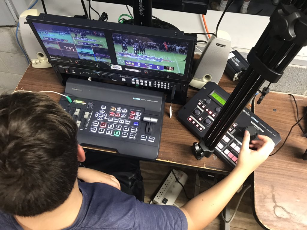 CHSPrideTV's tweet photo. We’re practicing and problem solving to get ready for live streaming sports! Sam is working hard learning Director, Tech Director, Robo Cam, and Engineer all in one night! @CHSLionNation #CTE #highschoolbroadcasting https://t.co/QRB3IBT8zL