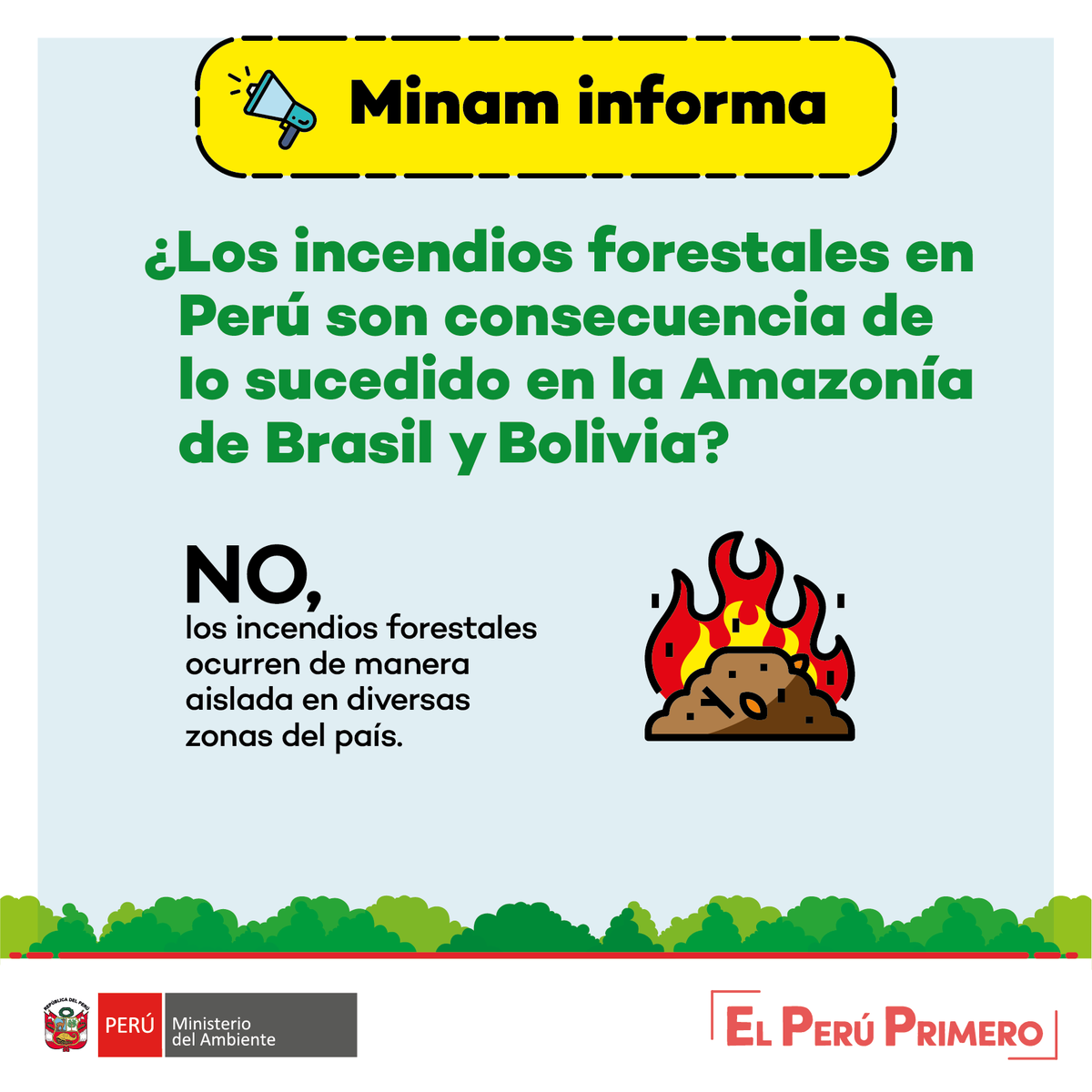 MinamPeru's tweet photo. 🌳🌎 Nuestra Amazonía, espacio fundamental para el mantenimiento del equilibrio climático mundial.
➡ Incendio en 🇧🇷 y 🇧🇴 no se extiende hacia el Perú.
⬇ Conoce cómo prevenir incendios forestales y cuidar nuestros bosques.
✅ Acciones de prevención y respuesta.
#PerúNatural https://t.co/ThzxH19waq