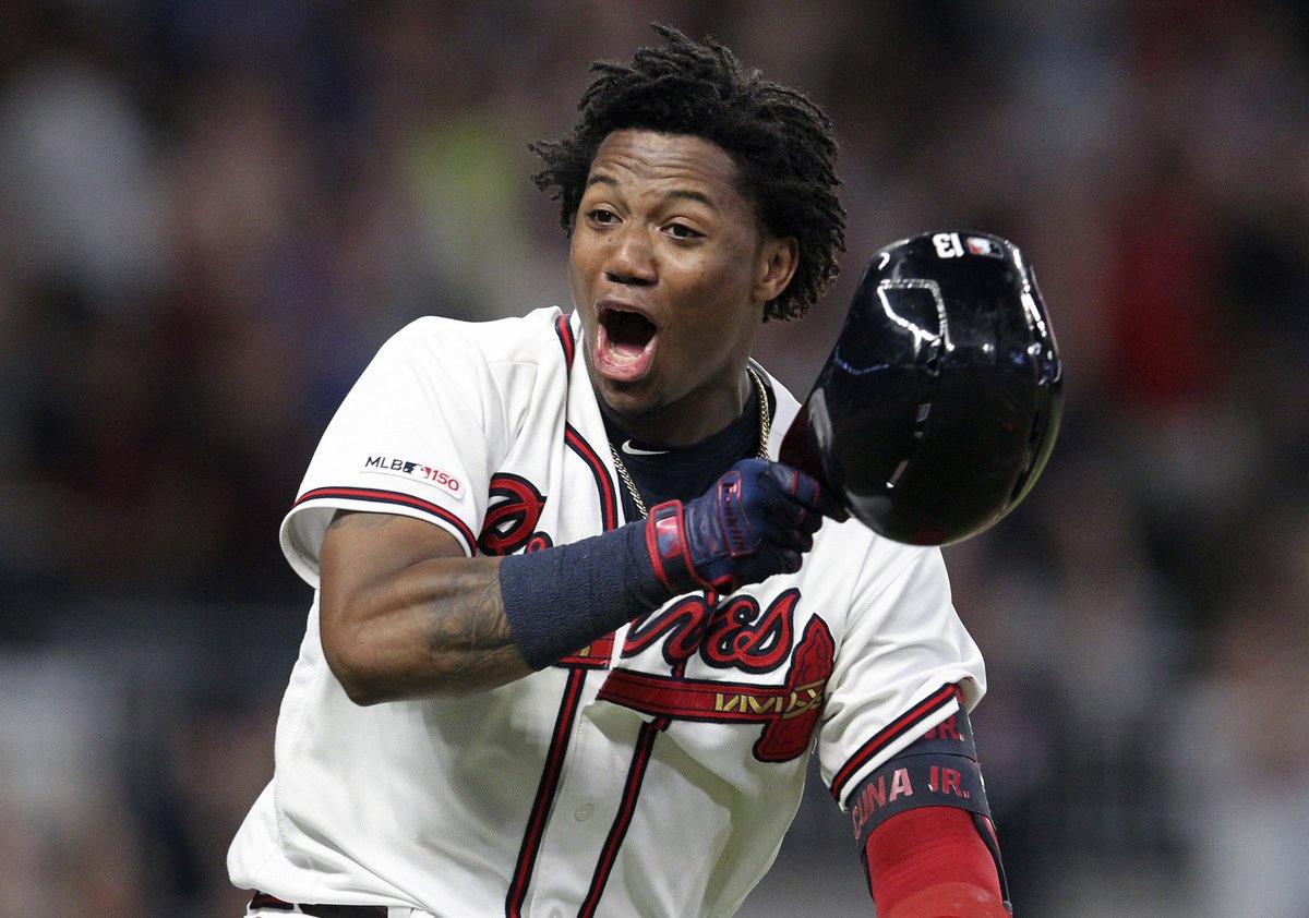 BleacherReport's tweet photo. Ronald Acuña Jr. joins Mike Trout as the only players to record a 30 HR and 30 SB season under age 22 ⚡️ https://t.co/x0P5o5jzIg