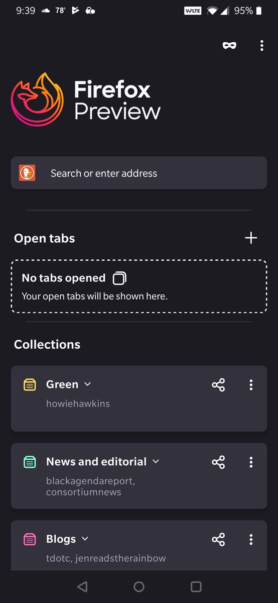 slackrdave's tweet image. A rather nice color scheme in the Firefox Preview browser. I like.

#firefox #firefoxpreview
