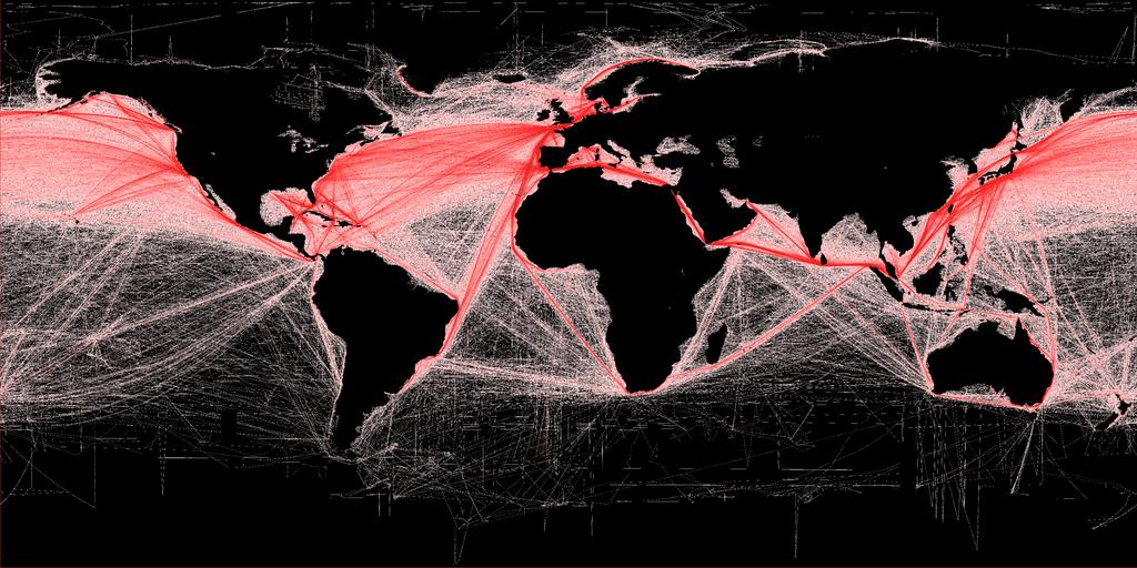 MapScaping's tweet photo. Shipping routes, showing the relative density of commercial shipping around the world 
source : https://t.co/Q23jlTU4z3

#gisdata #mapart #mapdata #mapping #gisvisualization #datavisualization #topography https://t.co/texOI1GMso