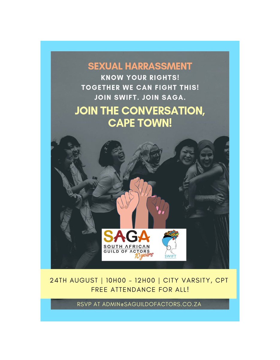SAGActors's tweet photo. Cape Town are you ready to talk Sexual Harassment with Marion Seymour? #sexualharassment #whatsyoursaga #iamactor #@swift_safrica https://t.co/PzY3z3pYwr