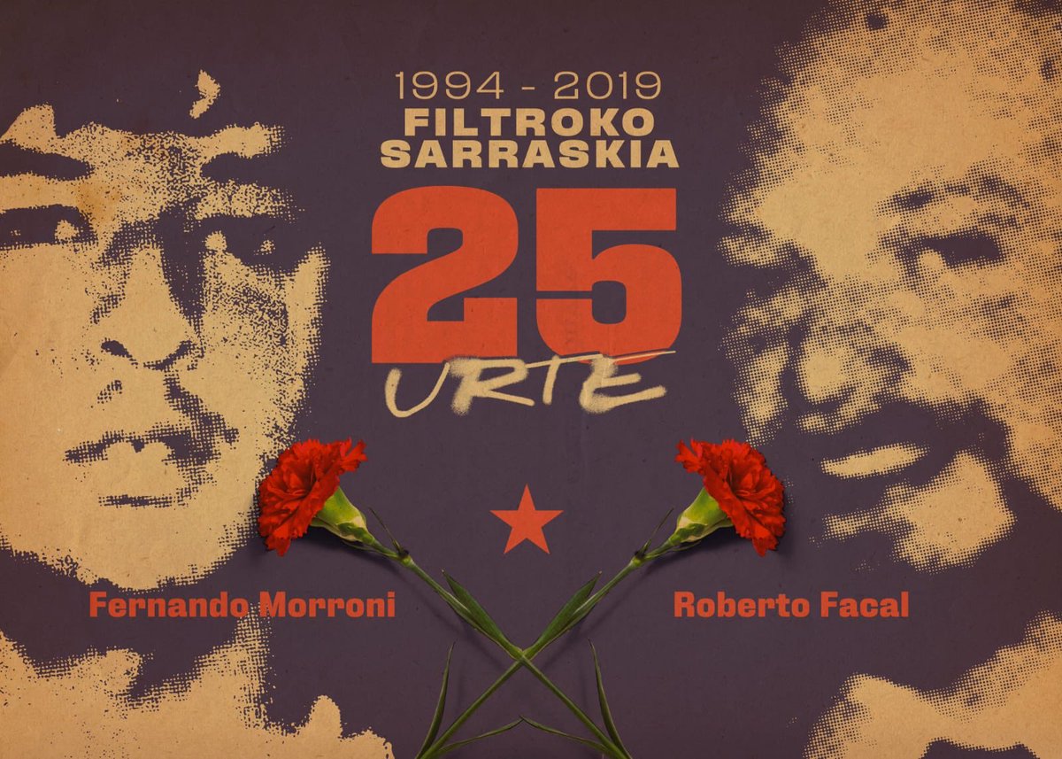 🌹 Gaur 25 urte euskal errefuxiatu politikoen estradizioaren aurka bizia eman zuten Fernando Morroni eta Roberto Facalek, poliziak Filtro ospitalean egindako sarraskian.

Ezingo diogu sekula behar bezala eskertu Uruguaiko herriari orduan erakutsi zuten elkartasuna. 

#Filtro25