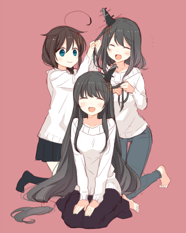 fusou (kancolle) ,shigure (kancolle) ,yamashiro (kancolle) multiple girls 3girls closed eyes hair ornament black hair long hair detached sleeves  illustration images