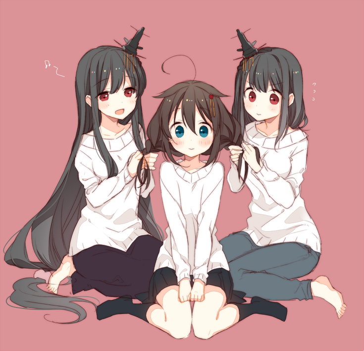 fusou (kancolle) ,shigure (kancolle) ,yamashiro (kancolle) multiple girls 3girls closed eyes hair ornament black hair long hair detached sleeves  illustration images