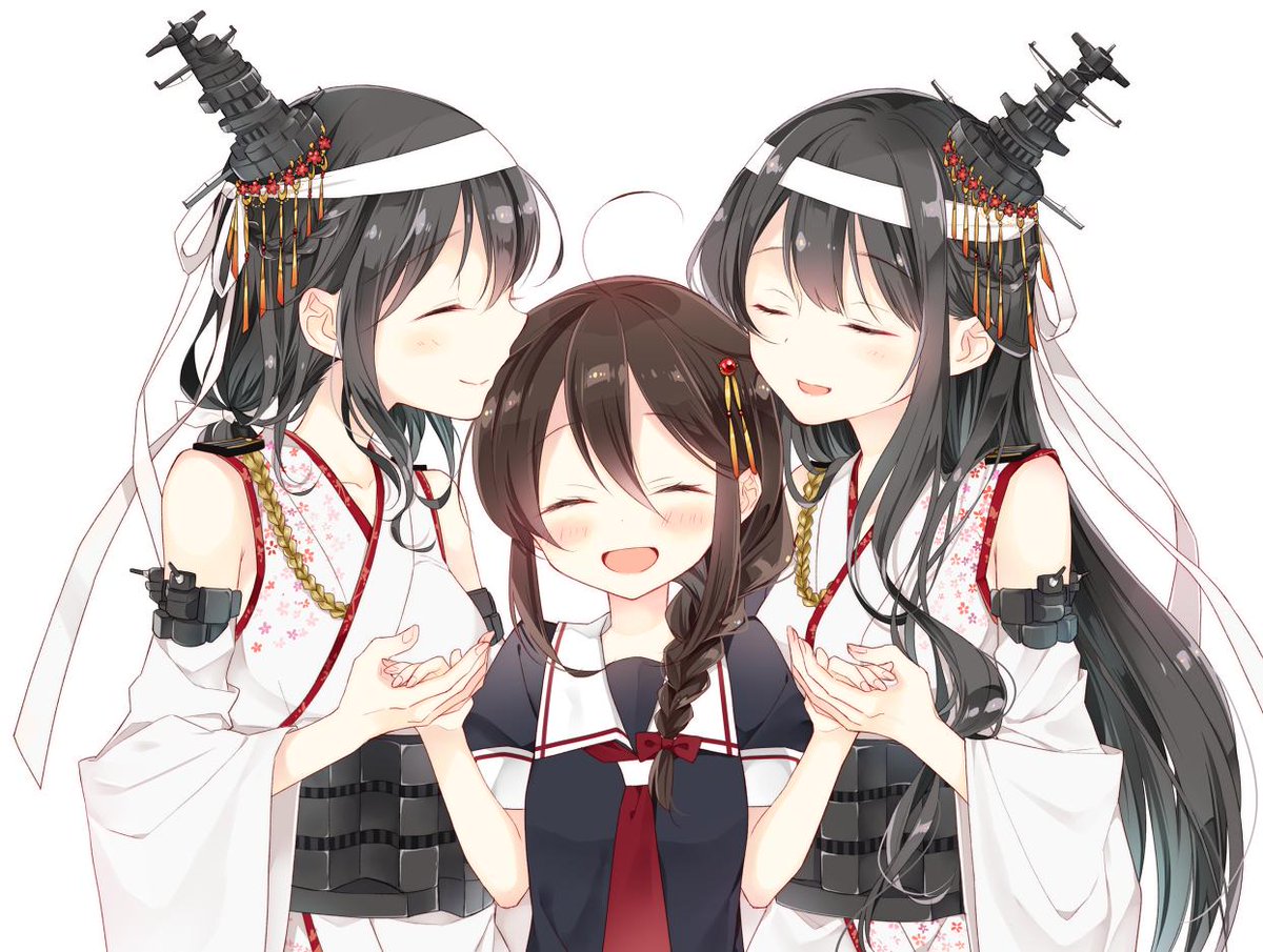 fusou (kancolle) ,shigure (kancolle) ,yamashiro (kancolle) multiple girls 3girls closed eyes hair ornament black hair long hair detached sleeves  illustration images