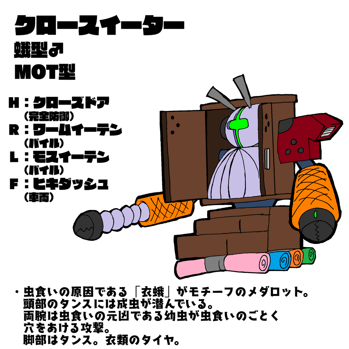 Sohit 蛾がモチーフのオリメダ 衣蛾という蛾で 虫食いの原因 クローゼットの中に成虫 扉を閉めることの可能 両腕は幼虫と肩は穴あきシャツ 脚部はタンスと丸めた衣類タイヤ 過去作品 オリメダs