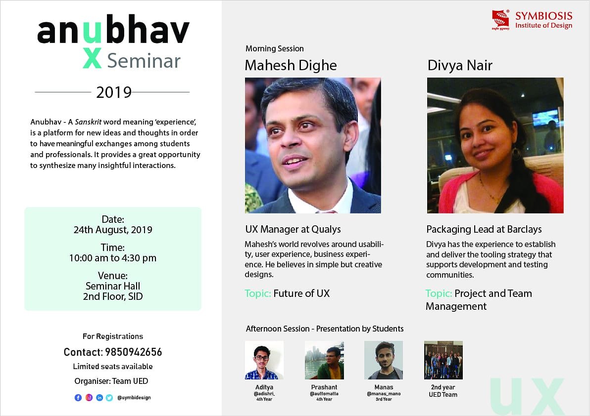 This year we bring to you many insightful interactions at Anubhav, a platform for new ideas and thoughts in order to have meaningful exchanges among students and professionals.

Looking forward to seeing you all there today.

#icanatsymbiosis