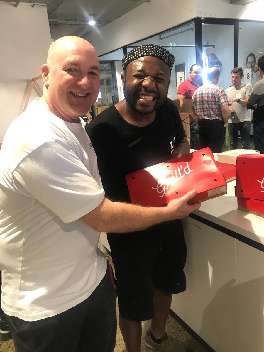 JorjaLeroy's tweet photo. Where would be be without corporate sponsor ⁦@GrilldBurgers⁩ feeding the hungry #hackathon volunteers! And here’s @beddown founder ⁦@normmcgillivray⁩ who started this whole worthy cause! #hackathon #designforhumanity #endhomelessness #digitaltransformation https://t.co/QmrUBeUaoT