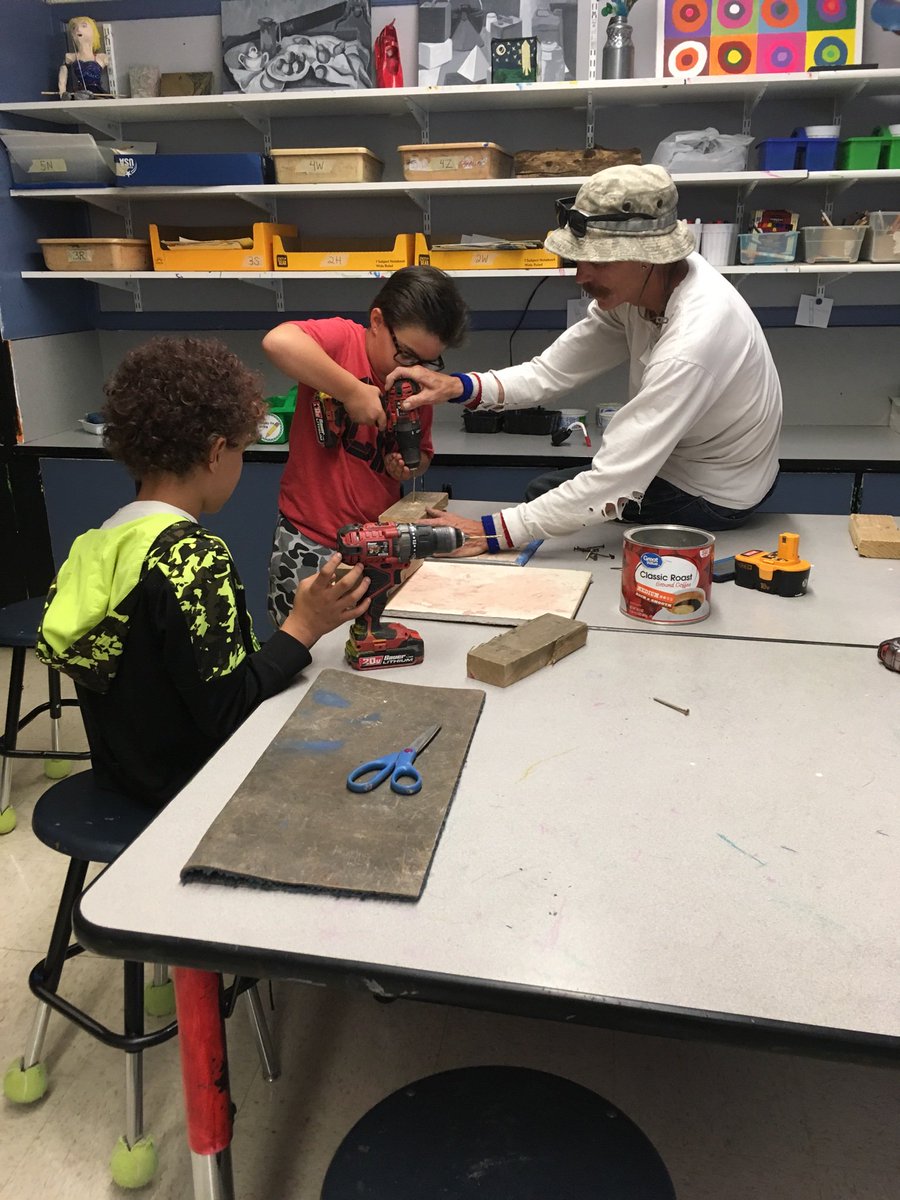 MrsMohoric's tweet photo. The art room transforms to a construction zone when the Concrete Couch visits art club. Learning how to build with hammers and drills to build more things for the playground @EdisonElem_CS https://t.co/5Nam2e1lF0