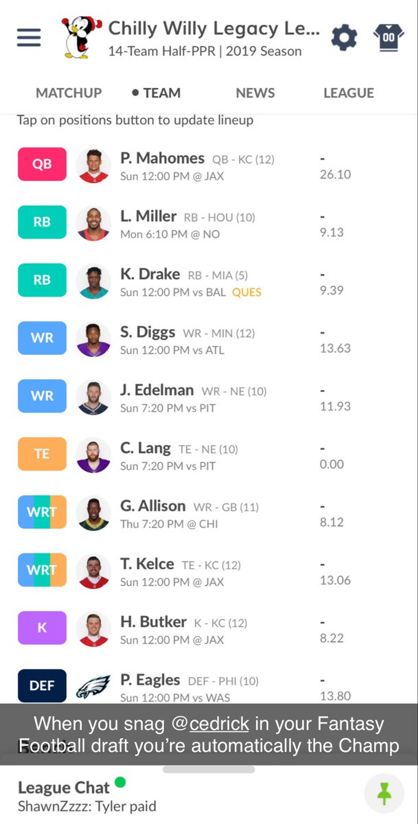 JGRIII's tweet photo. It’s official. My two favorite @NFL players are in the same team. @PatrickMahomes &amp; Mr. Cedrick Lang 🙌🏽 @kaylorlang 
#FantasyFootball https://t.co/lNHiFZBejC