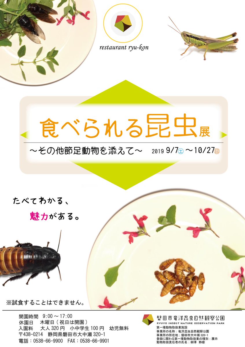 竜洋昆虫自然観察公園 Twitterissa 食べられる昆虫展 ポスター完成いたしました 当園初の昆虫食に関する企画展です どんな企画展になるのか 楽しみです