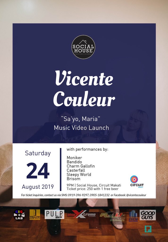 yrmusicph's tweet photo. See you tonight at Social House, Circuit Makati for @vicentecouleur's "Sa'yo, Maria" music video launch!

Also with performances by:
Brisom
Moniker
Bandido
Charm Gallofin
Casterfall
Sleepyworld

P250 gets you in with a free drink. See you at 9 PM 👀 https://t.co/eDRSKbj7Ux