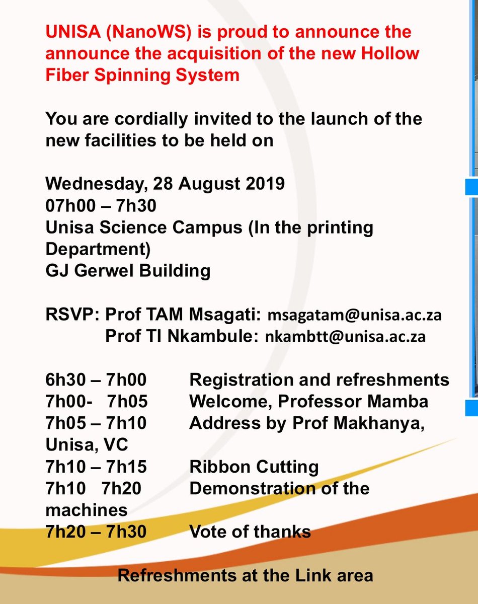 UnisaCSET's tweet photo. @unisa #CSET to launch the state-of-the-art #NanoWS Hollow Fibre Membrane Spinning System on Wednesday, 28 Aug 2019 at the Science Campus in Florida ,
Hollow fibre membranes are tubular devices used as filters to purify water and wastewater, @EngNewsZA
@unisaradio @MiningWeekly https://t.co/kb7TrgvYjY