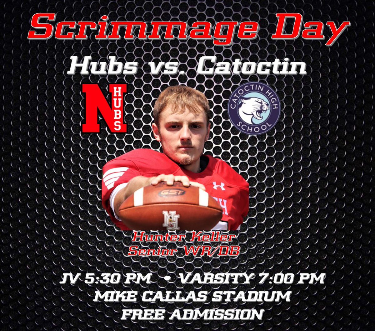 Hubs_Football's tweet photo. Check out the 2019 Hubs as they hit the field for the first time in a scrimmage vs. 1A West power Catoctin on Saturday (8/24). JV 5:30 / Varsity 7:00. #HubsFootball #RiseUp https://t.co/zCv16o4kIM