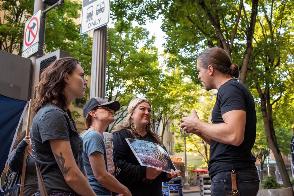 seashepherdPDX's tweet photo. Last night #seashepherdportland protested the band TYR who were playing at the Roseland theater. Why? Because the lead singer participates in the SLAUGHTER and cutting up of pilot whale meat.

#endtheslaughter @tyrband #seashepherd #sscs #FaroeIslands https://t.co/y1lawB0ptW