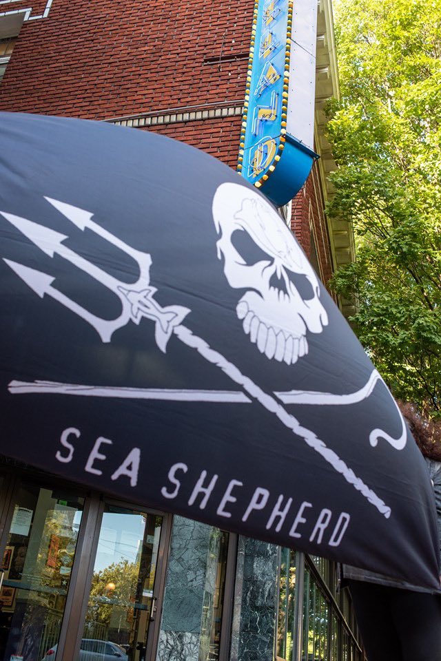 seashepherdPDX's tweet photo. Last night #seashepherdportland protested the band TYR who were playing at the Roseland theater. Why? Because the lead singer participates in the SLAUGHTER and cutting up of pilot whale meat.

#endtheslaughter @tyrband #seashepherd #sscs #FaroeIslands https://t.co/y1lawB0ptW