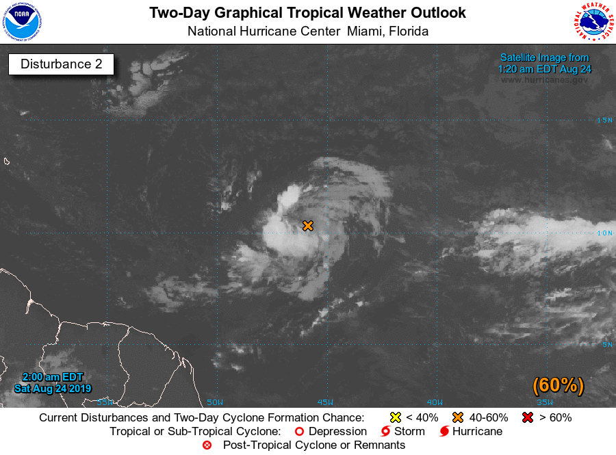 NHC_Atlantic's tweet photo. A small area of low pressure located over the central tropical Atlantic well east of the Windward Islands is showing some signs of organization and is likely to become a tropical depression by early next week. The full Tropical Outlook can be found here: https://t.co/m9946DGzPQ https://t.co/zddZkerXgw