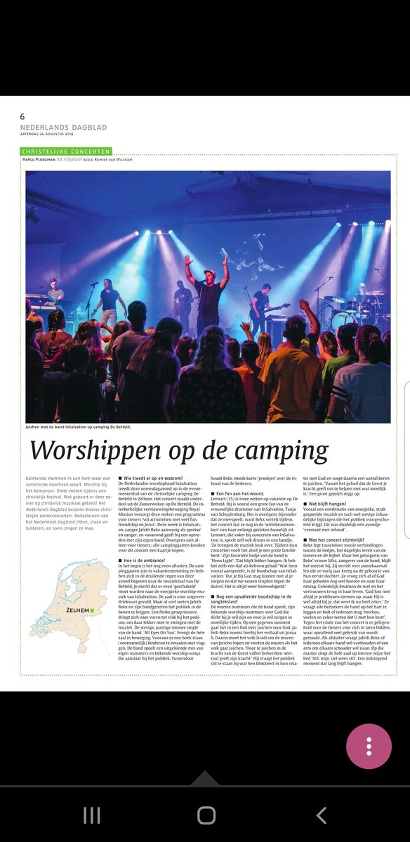Voor de serie 'zomerconcerten' van #NDnl was ik vorige week bij <a href="/InSalvation/">InSalvation</a> op camping <a href="/DeBetteld/">Gerhard Hobelman</a> Mijn verslag van het concert staat vandaag in de krant. Een mooie foto van de avond staat op de voorpagina, ook nog eens met de mooiste quote van die avond: nd.nl/nieuws/geloof/…