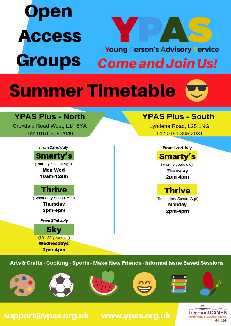 YPASLiverpool's tweet photo. #YPASplus Community Hubs Summer Holiday Timetable for our open access group @LivCAMHSFYI #youngpeople #summerholidays https://t.co/zLbdCWebFm