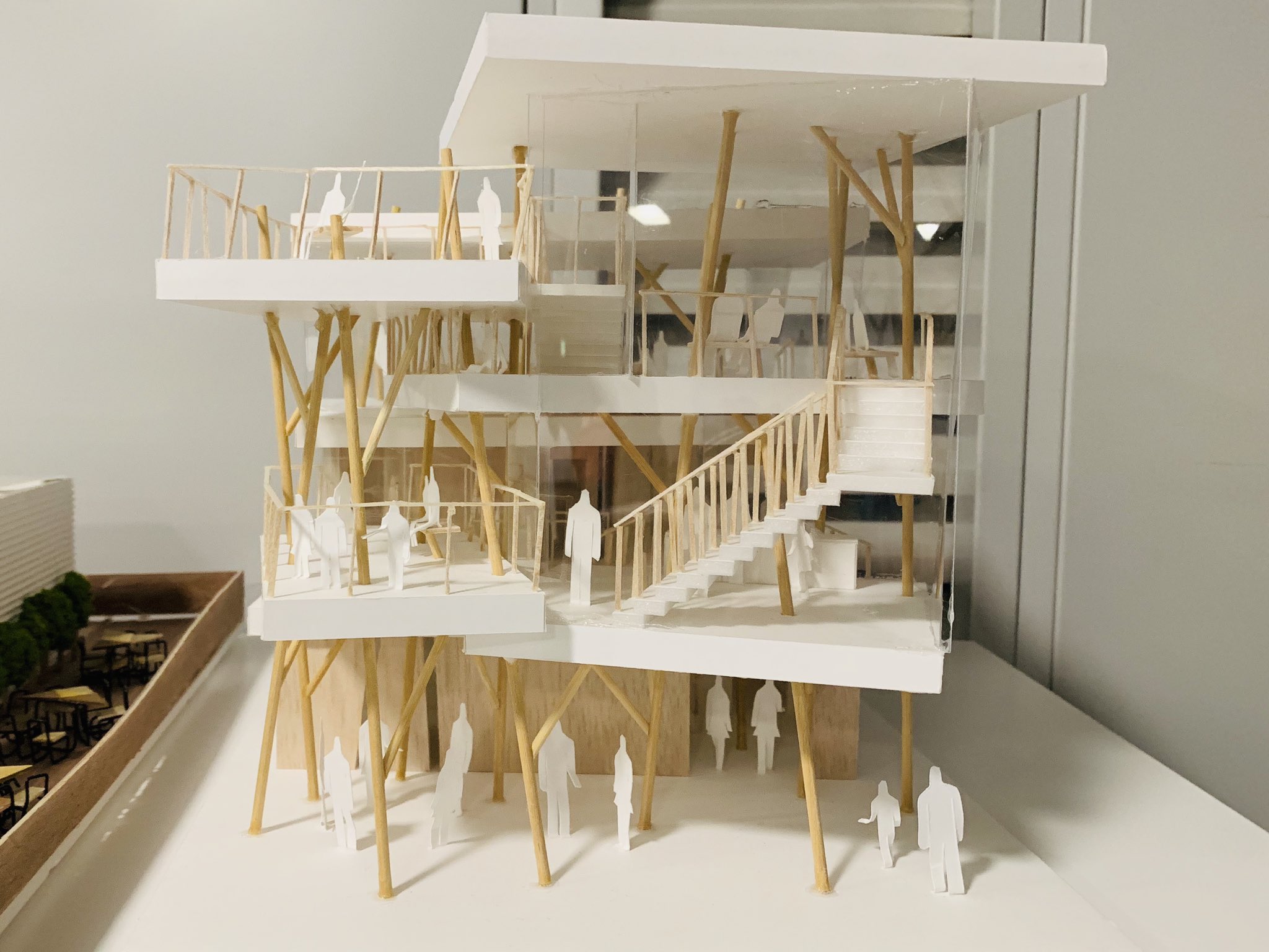 デザイン女子no 1決定戦 11 人が集う木 名古屋大学建築学科2年 岡島由莉 地域の人が気軽に利用でき 憩いの場所となる木をモチーフとした小さなコミュニティスペースの設計 柱の粗密により使う人数に適した空間が形成される ネクジェネ19 T