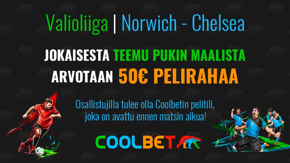COOLBET-SKABA!

Norwich kohtaa tänään Chelsean! Jokaisesta Teemu Pukin tekemästä maalista arvotaan 50 € pelirahaa.

Olet mukana arvonnassa, kun painat RT ja seuraat 
@CoolbetSuomi Twitter-tiliä! #Valioliiga #PukkiParty