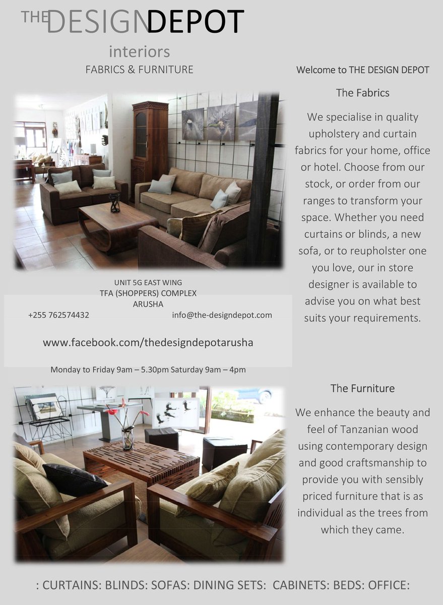 FasMagazine's tweet image. THE DESIGN DEPOT
Your one stop shop for all things interior - curtains, blinds, sofas, dining sets, cabinets, beds and office. 
Visit them at TFA (Shoppers) Complex in Arusha. Unit 5G East Wing +255 762574432
