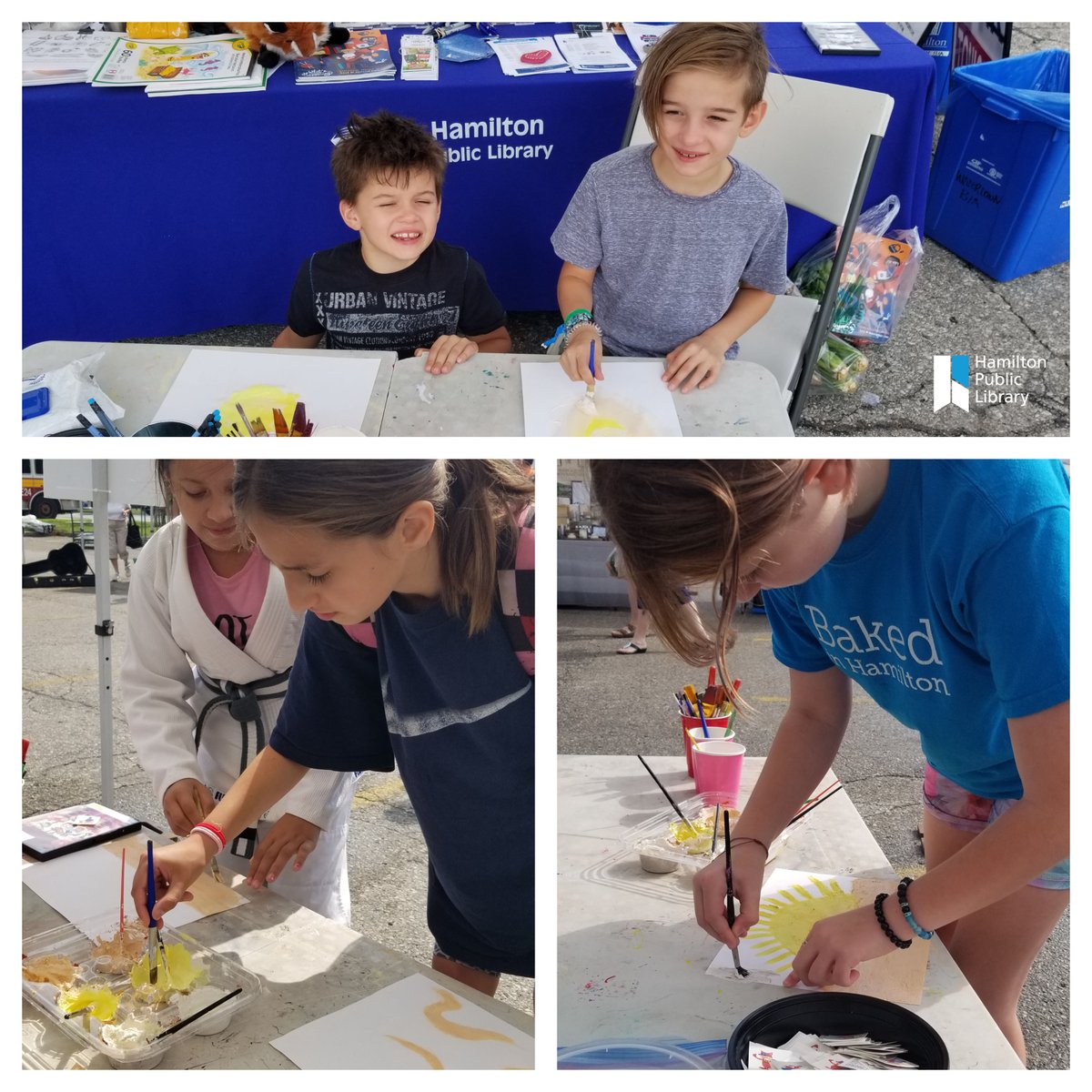 HamiltonLibrary's tweet photo. Show me the smell of tumeric! Josh, Noah, Lily, Nina and Alyssa painted with spices at the #HPLWaterdown Pop-Up Library booth at last weekend's Waterdown Farmers Market. #HamOnt https://t.co/vjHXXu2Hqq https://t.co/pSbD3fyMDk