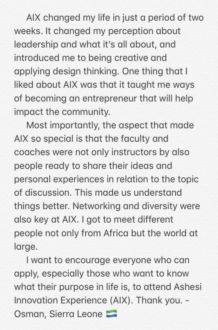 AshesiIX's tweet photo. βAIX changed my life in just a period of two weeks.β -Osman, Sierra Leone πΈπ±
#ashesiix #ashesix2019 #atAshesi #ashesi https://t.co/PqlFpjSaDe