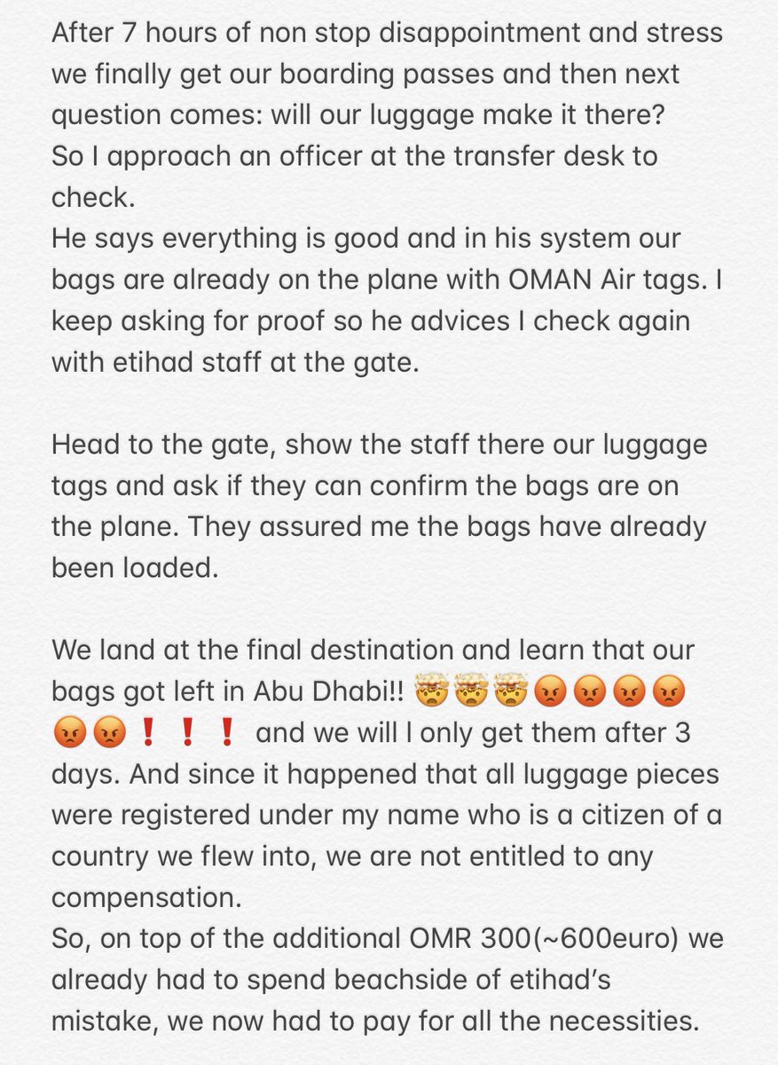 Natalyfnk's tweet photo. Part 3/5 of the worst airline experience in my life with @EtihadAirways @EtihadHelp 
Our luggage gets left behind, despite multiple staff in the airport confirming our bags have been loaded onto the plane!
#airlinenightmares #etihad #worstairline #airlinecomplaints #etihadsucks https://t.co/JkKiH8FUBz