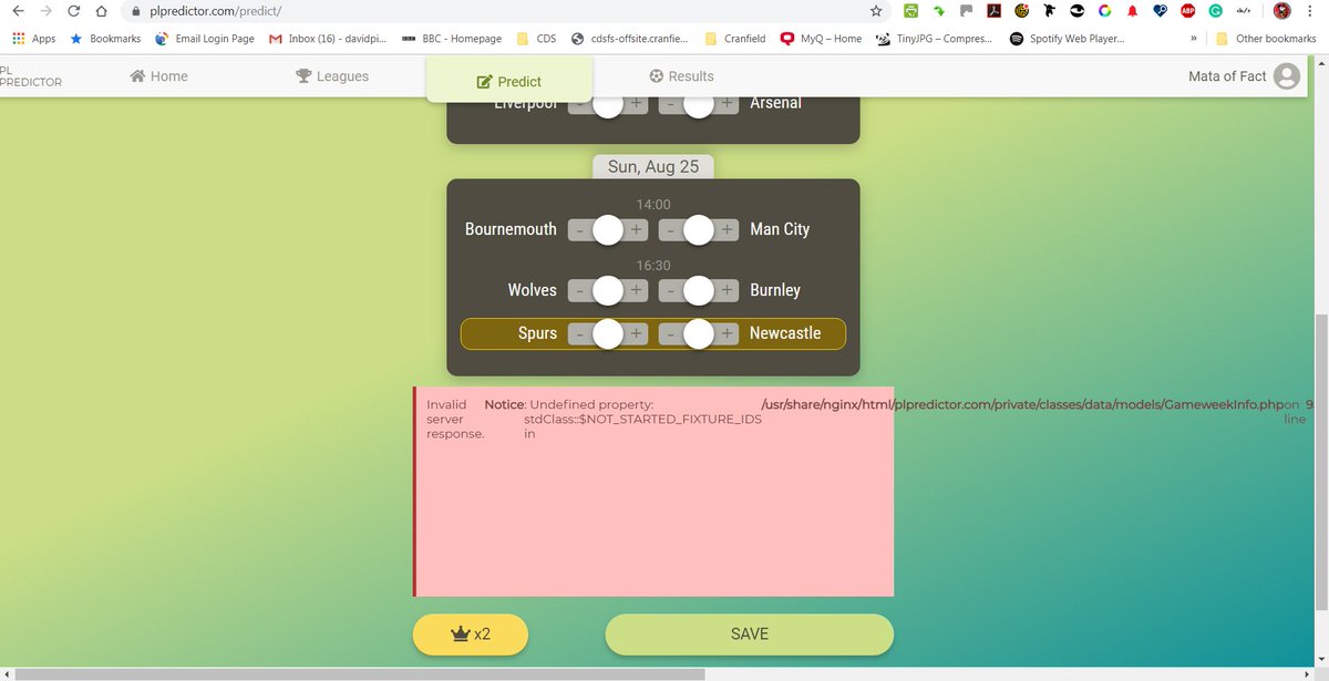 DavidPiper6's tweet photo. @mxplmr I think the server is down, keep getting an error when trying to save my predictions, see the attached screengrab. https://t.co/g50dREbSLn