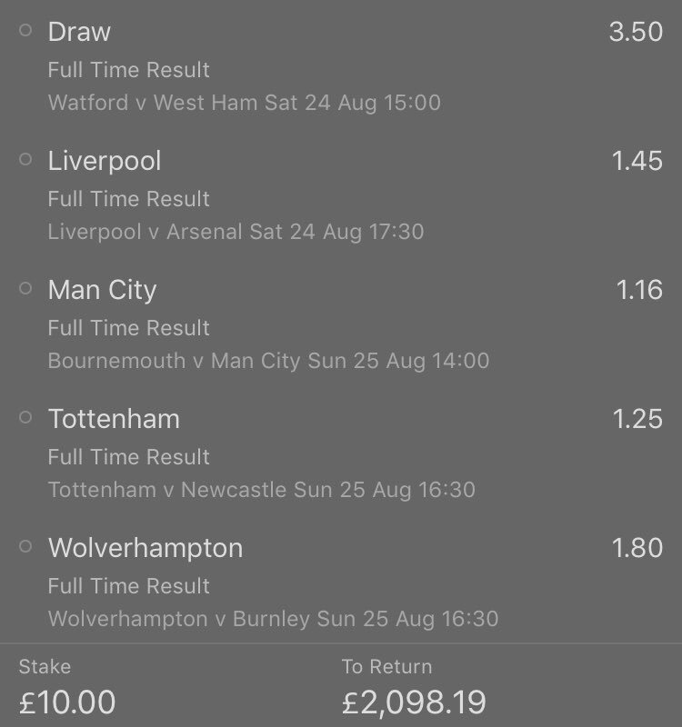 _HonestTipster's tweet photo. PREMIER LEAGUE ACCA! πβ½οΈ
Check out this accumulator over the weekend covering all the premier league matches! ππ₯
Check it out below, this is massive!
ππ½ππ½ππ½
#premierleague #prem #acca #barclayspremierleague #bet #betting #bettingexpert #tips #tipster #honesttips https://t.co/HDw7iPUWQG