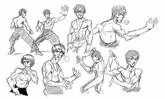 okay last thing for tonight but felt like doing figure drawing for the first time in ages and knocked out a few 5 minute bruce lees. ruined this icons face but i hope i did his poses justice. 